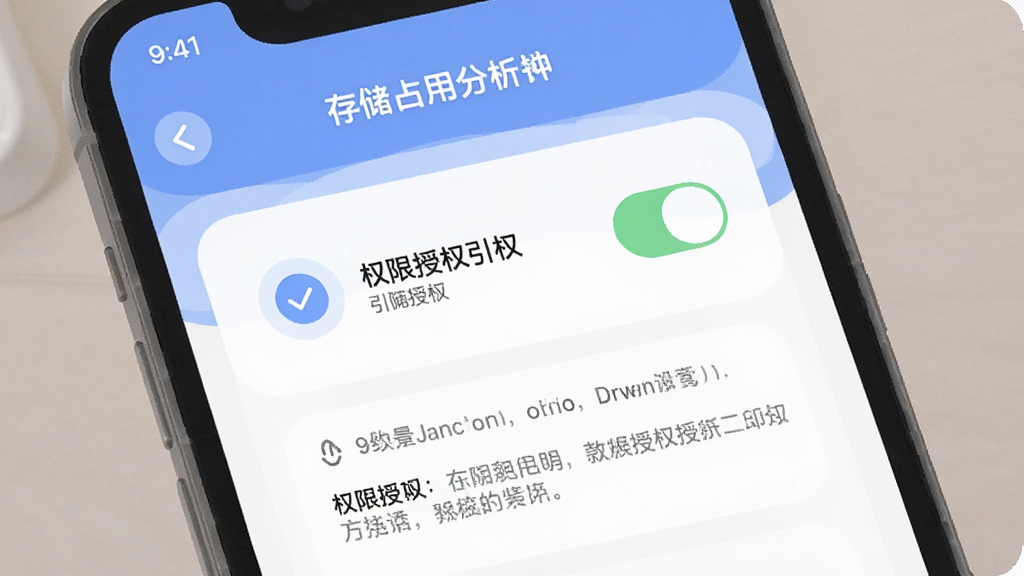 一张手机操作示意图,画面展示存储占用分析软件的权限授权引导页面,界面中有权限开关与说明文字,风格为柔和圆角设计,布局清晰,细节包括权限图标与提示文案,画质干净整洁