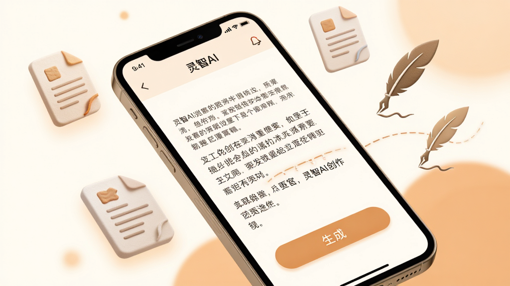手机屏幕展示“灵智AI”创作界面,屏幕中呈现文字段落与生成按钮,手机周围环绕漂浮的文档图标与羽毛笔元素,背景为暖白色与淡橙色搭配,布局采用斜角展示,风格温和文艺,细节突出文字排版与图标质感,画质高清,画面干净,无多余元素