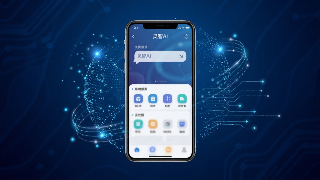 画面中央放置一部智能手机,屏幕显示“灵智AI”应用主界面,界面包含对话输入框与功能图标,手机周围环绕发光的AI粒子与数据线条,背景为深蓝渐变科技风格,布局采用居中构图,细节突出界面清晰度与科技感,画质高清,画面干净,无多余元素