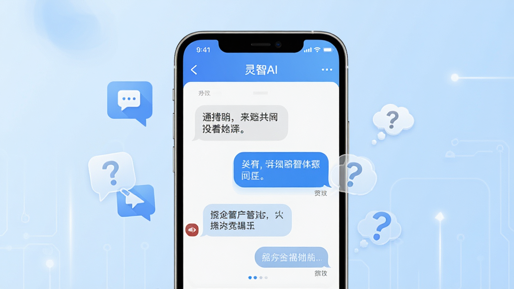 一部手机屏幕显示“灵智AI”对话界面,对话气泡清晰可见,手机旁漂浮着对话图标与思考符号,背景为浅蓝色柔和渐变,布局简洁居中,风格清新科技,细节突出聊天气泡与界面元素,画质清晰,画面干净,无多余元素