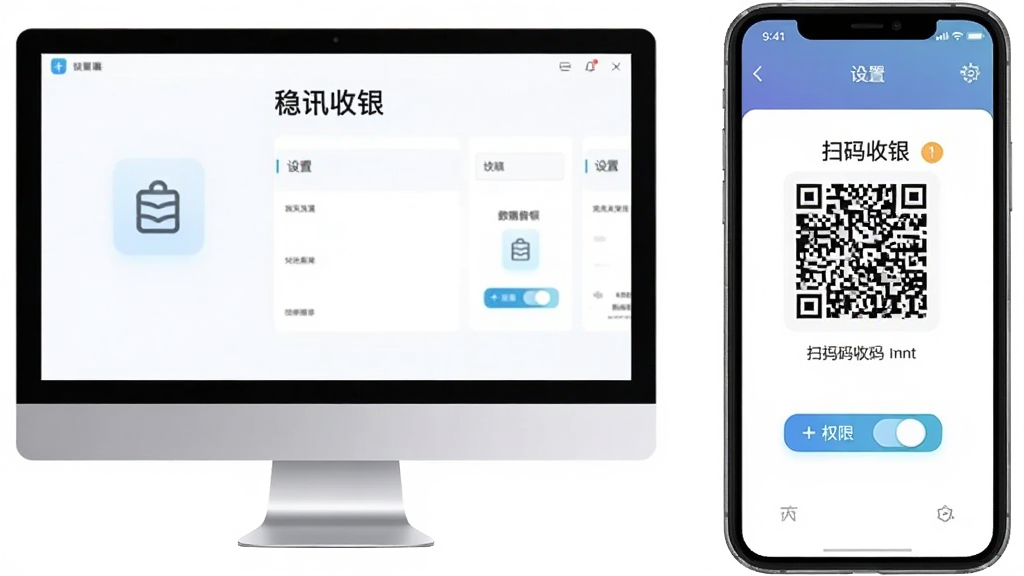 画面主体为一台电脑与一部手机并排摆放,电脑屏幕显示“稳讯收银”设置界面,手机屏幕显示扫码收银页面,布局为左右并列,排版简洁,风格为清新浅色数码产品展示,细节包含数据备份图标与权限开关示意,画质清晰干净,无多余元素