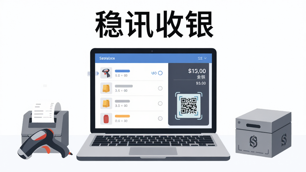 主体为一台打开的笔记本电脑,屏幕上显示简洁的收银结算界面,左侧为商品列表,右侧为金额汇总与扫码区域,布局为居中构图,排版上方留白放置标题文字“稳讯收银”,风格为现代商务扁平插画,细节包含扫码枪、小票打印机与钱箱环绕电脑摆放,画质清晰干净,无多余元素