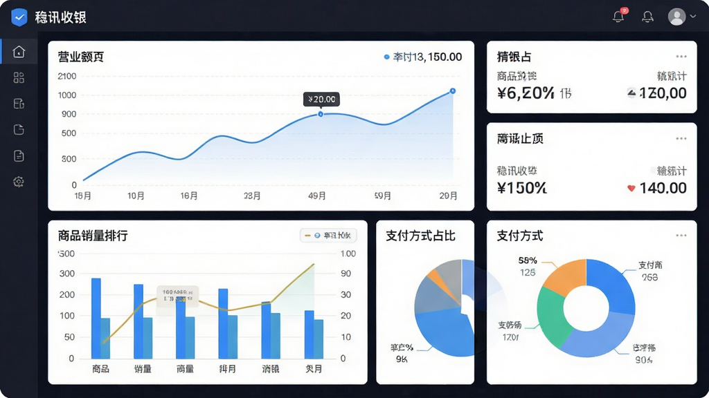 画面主体为经营数据报表界面,布局上方为营业额折线图,下方为商品销量排行柱状图与支付方式占比饼图,排版为三栏数据卡片,风格为简约商务数据可视化,细节包含“稳讯收银”字样与统计数字,画质清晰干净,无多余元素