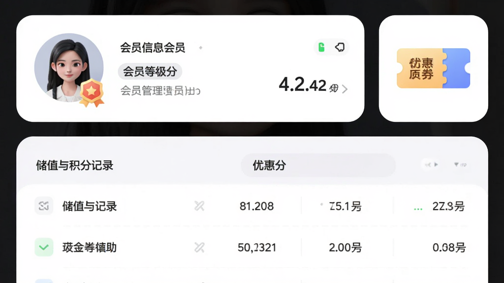 画面主体为会员管理面板,布局上方为会员信息卡片,下方为储值与积分记录列表,右侧为优惠券图标,排版为上下结构,风格为柔和圆角现代设计,细节包含会员头像、等级徽章与积分数字,画质清晰干净,无多余元素