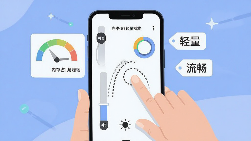 一张展示光锥GO轻量界面与手势操作的示意图,画面为一部手机的特写,屏幕显示光锥GO播放界面,一只手正在屏幕上做出滑动调节音量的手势,界面角落显示音量条与亮度条图标,手机旁边漂浮着内存占用仪表盘与“轻量”“流畅”字样标签,布局以手机为视觉焦点,风格为简约明快的扁平插画,细节包含手势轨迹虚线与资源占用环形图,画质清晰干净,画面中打文字“光锥GO 轻量播放”,无多余装饰