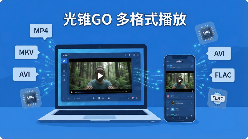 一张表现光锥GO多格式解码能力的示意图,画面主体是一台打开的笔记本电脑与一部手机并排摆放,两者屏幕均显示光锥GO播放界面,屏幕中分别呈现不同格式的视频画面,周围漂浮着“MP4”“MKV”“AVI”“FLAC”等格式标签卡片,布局左右对称,风格为清爽的科技蓝扁平插画,细节包含解码芯片图标与数据流光线,画质干净清晰,画面中打文字“光锥GO 多格式播放”,无多余元素