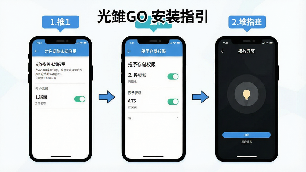 一张展示光锥GO安装与权限设置流程的示意图,画面为三部手机横向排列,分别显示“允许安装未知应用”“授予存储权限”“播放界面”三个步骤界面,每部手机上方有对应步骤编号标签,布局从左到右呈流程递进关系,风格为清晰直观的扁平教程插画,细节包含权限开关图标与进度箭头,画质干净明亮,画面中打文字“光锥GO 安装指引”,无多余元素