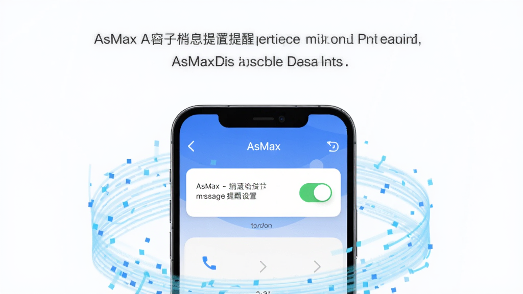 主体为手机屏幕特写展示AsMax应用的消息提醒设置界面,布局为手机居中、周围环绕淡蓝色数据流线条,排版上方留出文字区域,风格为扁平化UI展示风格,细节包括界面中的开关按钮、来电图标与导航箭头元素,画质高清、干净、无多余元素