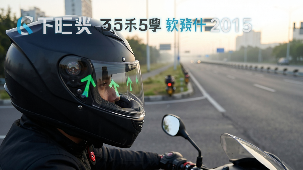 主体为骑手佩戴摩托车头盔在公路上骑行的侧面视角,布局为人物位于画面左侧、右侧留出道路延伸空间,排版上方放置软件名称文字,风格为写实骑行场景摄影,细节包括头盔面罩内侧隐约可见导航箭头投影、背景为清晨城市道路与柔和光线,画质清晰、干净、无多余元素