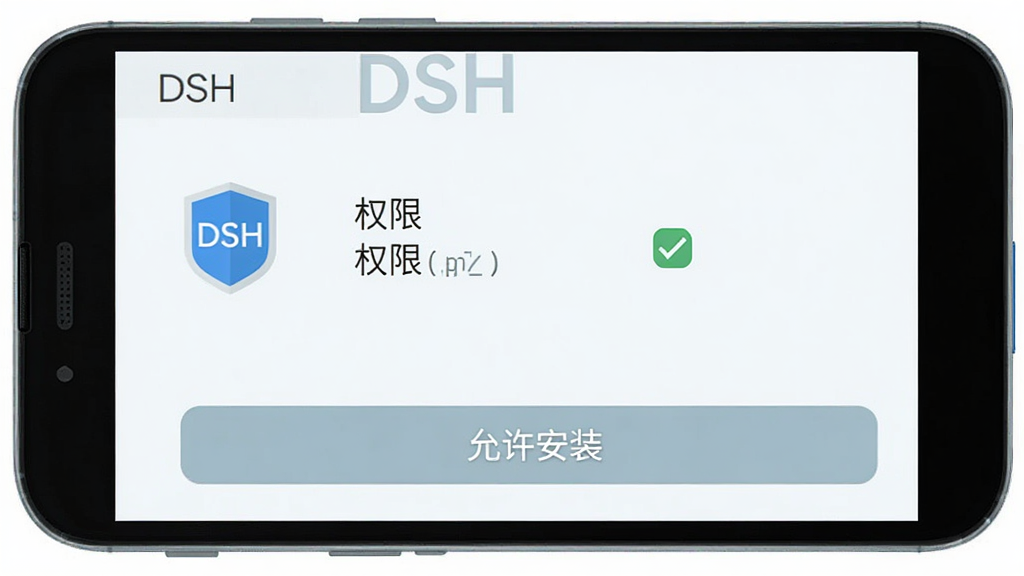 一部安卓手机屏幕显示“DSH”应用权限设置界面,旁边有盾牌和勾选图标,背景为浅色简约风格,画面下方有“允许安装”字样的提示框,整体布局上下结构清晰,扁平化设计,画质干净清晰,无多余元素