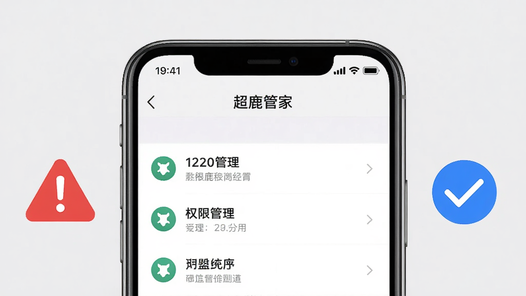 画面主体为一部手机屏幕特写,显示“超鹿管家”设置页面中的权限管理列表,旁边配有一个红色警示图标与一个蓝色对勾图标形成对比;手机居中放置,背景为浅灰色纯色;风格为简洁信息图风格,图标线条干净;细节上权限条目文字清晰可辨;画质锐利,干净无多余元素