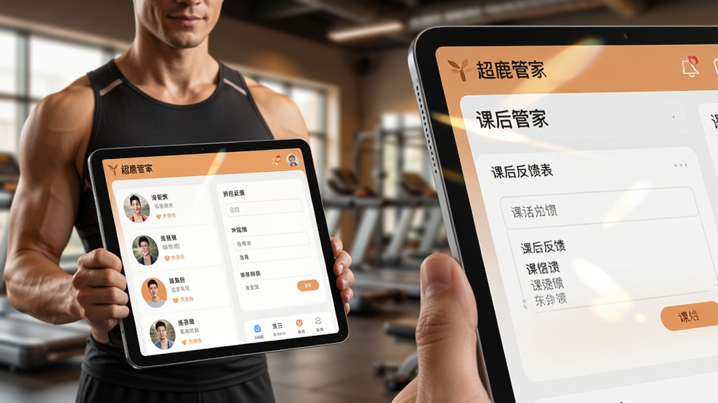 画面主体为一位健身教练手持平板查看“超鹿管家”学员管理界面,界面中包含学员头像列表与课后反馈表单;人物位于画面左侧三分之一处,右侧为界面特写放大区域;风格为写实与UI结合的现代商务风,色调偏暖;细节上平板屏幕有自然反光,背景为虚化的健身房环境;画质清晰,干净无多余元素