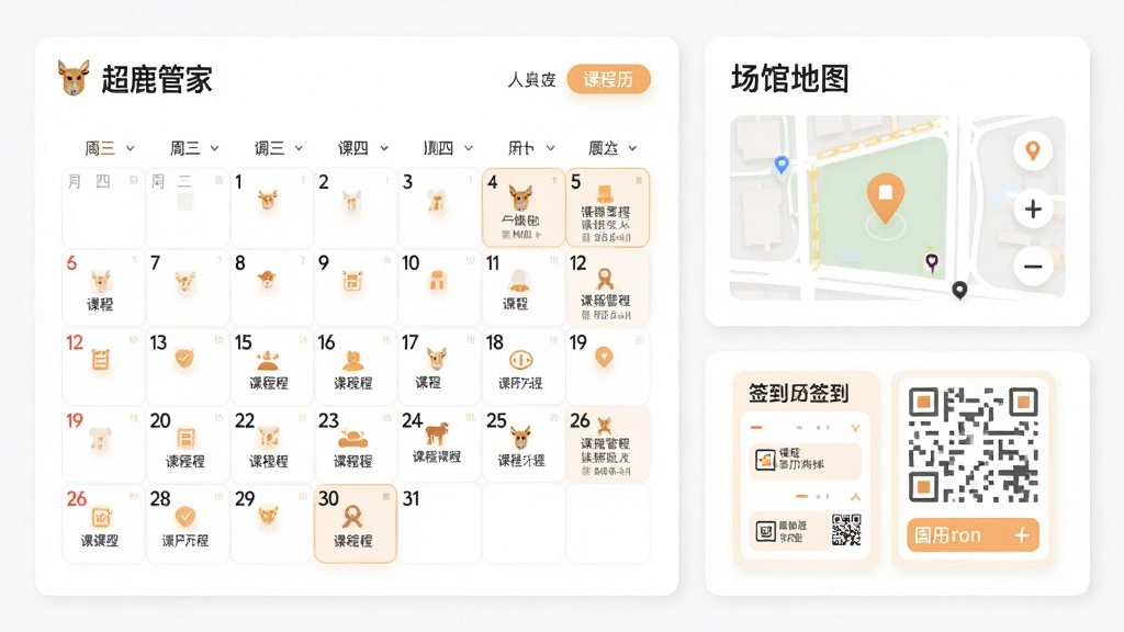 画面主体为一张横向布局的信息面板,左侧为“超鹿管家”课程日历模块,右侧为场馆地图与签到二维码卡片;整体采用卡片式排版,模块之间留白均匀;风格为清爽浅色商务风,主色为白色与浅橙;细节上日历格子内标注课程小图标,地图上有定位标记;画质干净细腻,无杂乱装饰元素