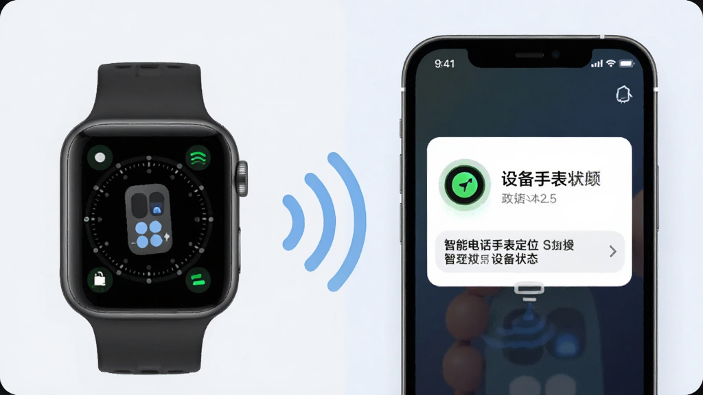 画面主体是一只电话手表与手机通过无线信号连接,手机屏幕上呈现设备在线状态卡片,布局为左右分栏,左侧手表右侧手机,风格为简约科技插画,细节包括信号波纹、状态指示灯、浅色背景,画质干净清晰,图中文字标注“智能电话手表定位 设备状态”,无多余元素