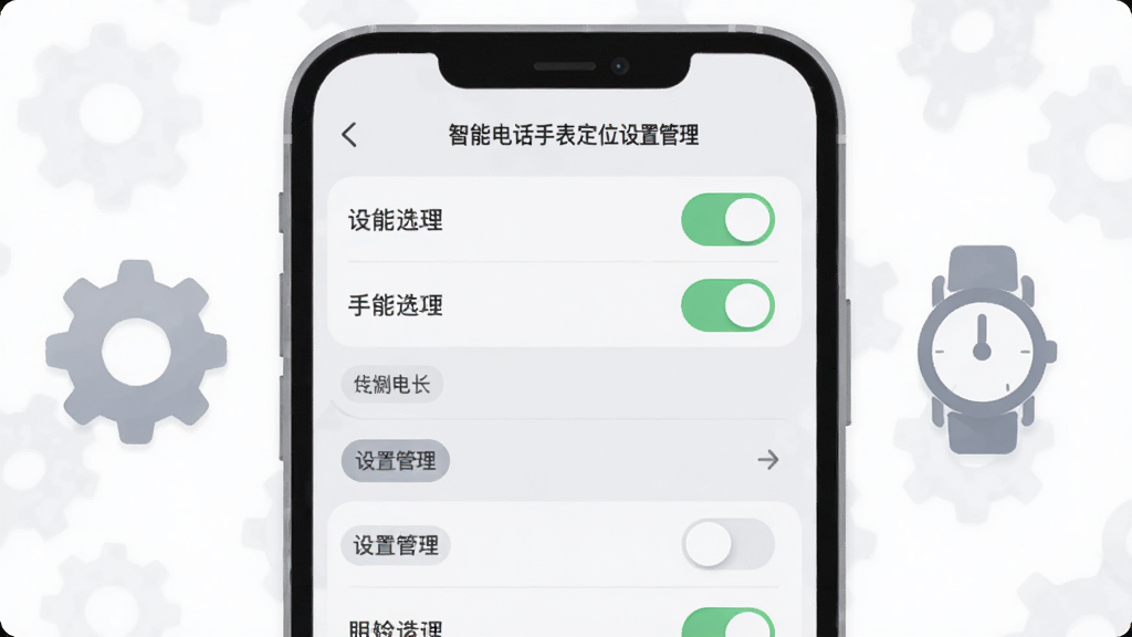 画面主体是手机界面展示设置选项列表,旁边有齿轮与手表图标,布局为居中构图,风格为柔和圆角扁平设计,细节包括开关按钮、分类标签、浅灰底色,画质清晰干净,图中文字标注“智能电话手表定位 设置管理”,无多余元素