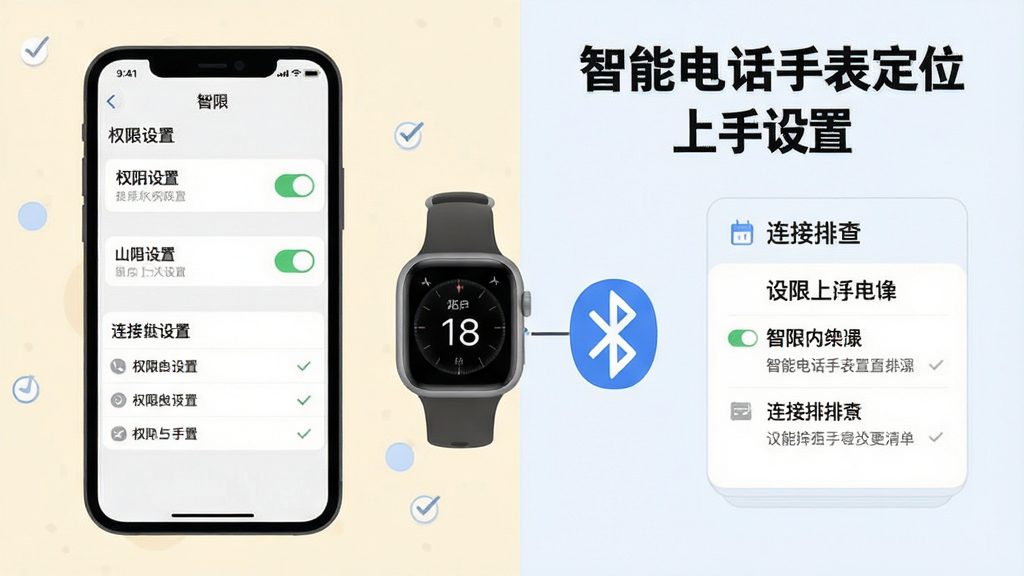 画面主体是手机屏幕显示权限设置界面与连接排查步骤清单,旁边放置电话手表与蓝牙图标,布局为左右分栏,左侧手机右侧步骤卡片,风格为简约实用扁平插画,细节包括勾选标记、权限开关、浅色背景,画质清晰干净,图中文字标注“智能电话手表定位 上手设置”,无多余元素