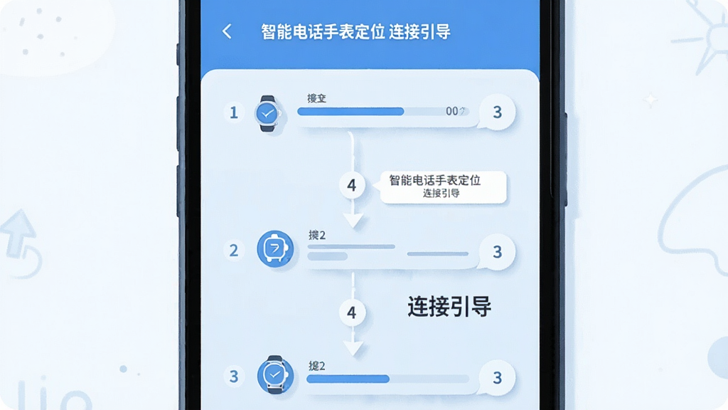 画面主体是手机屏幕显示分步引导界面,配有数字步骤标识与连接示意图,布局为纵向流程式构图,风格为清爽蓝色系扁平插画,细节包括进度条、提示气泡、手表图标,画质清晰干净,图中文字标注“智能电话手表定位 连接引导”,无多余元素