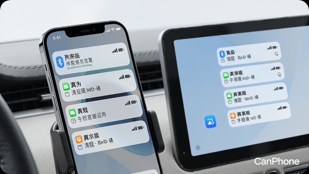 一部手机放置在车载支架上,手机屏幕弹出多条通知卡片,旁边车机屏幕同步显示相同内容,画面采用浅色背景与圆角卡片设计,风格简洁明快,细节处可见蓝牙图标与信号格,画质高清干净,图片角落写有“CanPhone”文字
