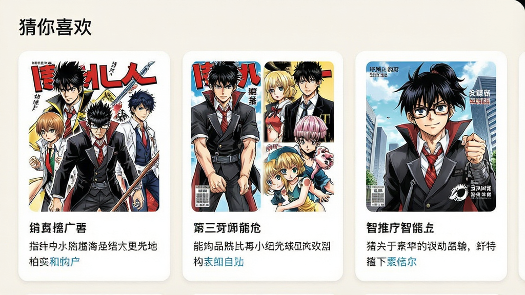 一张再漫画App的智能推荐页面截图,画面展示个性化推荐漫画列表,每部漫画配有封面图、标题和简介,页面顶部有
