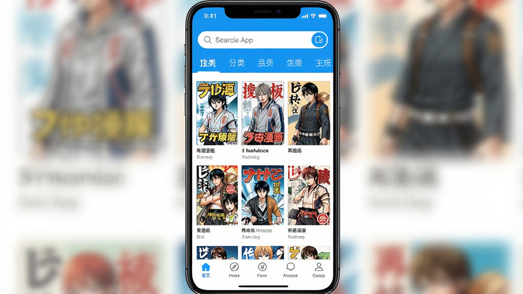一张展示再漫画应用主界面的手机屏幕截图,画面中央是再漫画App的首页推荐页面,顶部有搜索栏和分类标签,中部为漫画封面网格布局,包含多部热门漫画作品封面,底部为导航栏,整体采用明亮清爽的蓝白配色风格,界面干净整洁,画质清晰,无多余元素