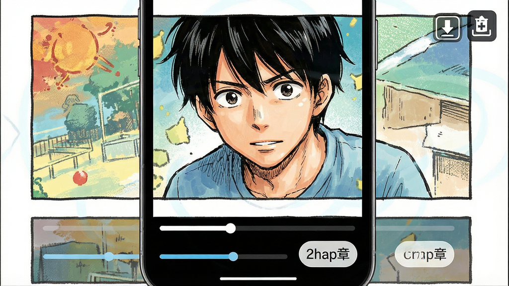一张再漫画阅读界面示意图,手机屏幕显示一页彩色漫画内容,底部有进度条和章节切换按钮,右上角显示缓存下载图标,画面风格简洁,突出阅读体验的流畅感,画质清晰,无多余元素