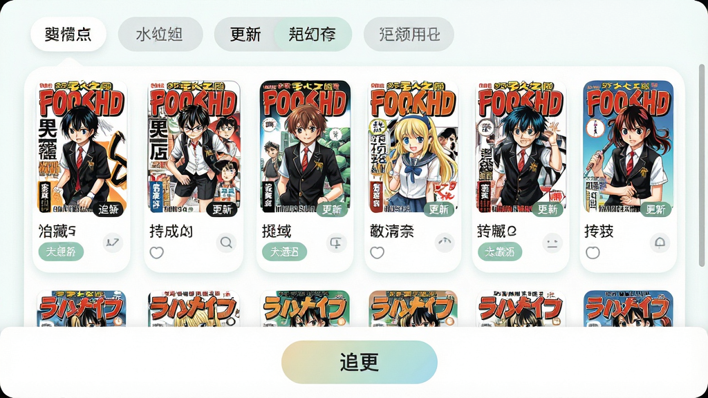 一张再漫画书架管理界面截图,画面展示用户收藏的漫画列表,包含多部漫画封面和更新状态标签,顶部有分组标签栏,底部有