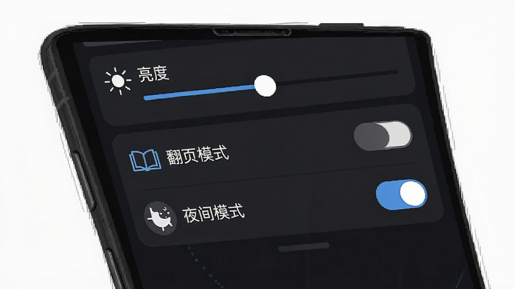 一张再漫画阅读设置面板示意图,手机屏幕展示设置选项列表,包含亮度调节滑块、翻页模式选择、夜间模式开关等,界面采用深色背景风格,图标简洁明了,画质清晰,无多余元素