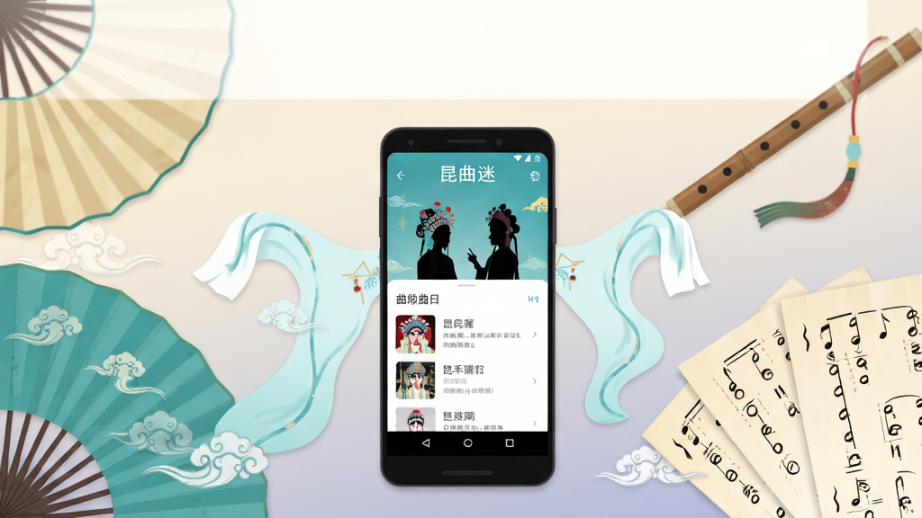 画面中央放置一部安卓手机,手机屏幕显示昆曲迷应用主界面,界面中有戏曲人物剪影和曲目列表,手机周围散落传统折扇、笛子与工尺谱纸张,背景为淡雅米色与浅黛色渐变,布局为居中构图、上方留白,风格为清新国风扁平插画,细节包含水袖线条与云纹装饰,画质高清、干净、无多余元素