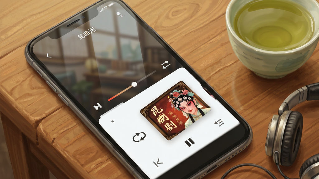 画面主体为昆曲迷应用播放界面特写,手机横置于木质桌面,屏幕显示播放进度条、循环模式图标与剧目封面,旁边放着一杯清茶与一副耳机,布局为斜角俯视、手机占画面三分之二,风格为温暖生活化写实插画,细节包含屏幕反光与桌面纹理,画质清晰、干净、无多余元素