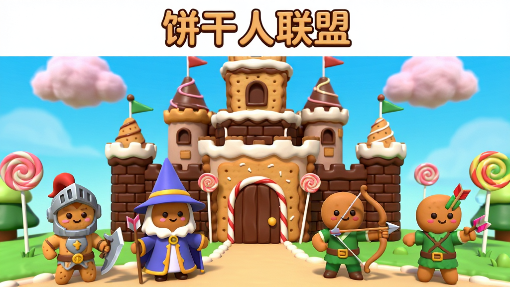 画面主体为一座由饼干和糖果搭建的梦幻王国城堡,城堡前站着多位造型可爱的饼干人角色,有骑士饼干、法师饼干和弓箭手饼干,布局采用中心对称构图,城堡位于画面中央偏上,角色呈弧形排列在前景,排版上顶部留白用于放置游戏标题区域,整体风格为Q版卡通3D渲染,细节包括饼干表面的糖霜纹理、巧克力砖墙、棒棒糖路灯和棉花糖云朵,画质高清、色彩明亮饱和、干净无多余元素,画面中打文字“饼干人联盟”