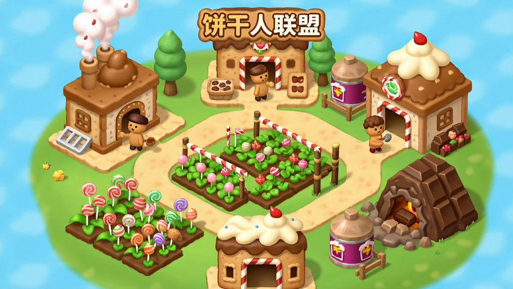 画面主体为一座饼干王国的经营场景,布局采用俯视等距视角,画面中分布着饼干工坊、糖果农田、果酱仓库和巧克力矿场等建筑,几位饼干人角色正在劳作,排版上建筑错落有致形成环形布局,风格为Q版卡通等距插画,细节包括烟囱冒出的糖霜烟雾、农田里的棒棒糖作物、仓库上的奶油装饰,画质明亮、干净整洁、无多余元素,画面中打文字“饼干人联盟”