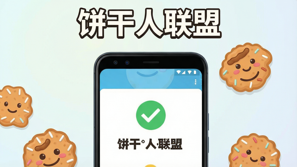画面主体为一部安卓手机屏幕特写,屏幕上显示饼干人联盟游戏安装完成的提示界面,手机旁边放着几块饼干造型的卡通装饰,布局采用手机居中、装饰物环绕的构图,排版上顶部留出标题区域,风格为扁平化科技插画,细节包括手机屏幕上的安装完成打勾图标、饼干装饰的糖粒纹理、背景为浅色渐变,画质清晰、画面干净、无多余元素,画面中打文字“饼干人联盟”
