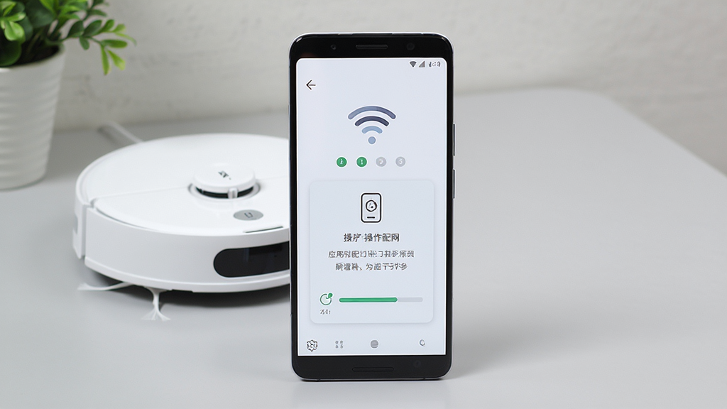 一部安卓手机屏幕显示应用配网引导页面,页面内有WiFi图标、设备图标与步骤进度条,手机旁边放置一台白色扫地机器人,背景为浅灰色桌面与绿植一角,布局为手机居中、机器人位于左侧后方,风格为清晰直观的操作指引演示风,细节包含步骤序号圆点、提示文字卡片与柔和光影,画质清晰,画面干净整洁