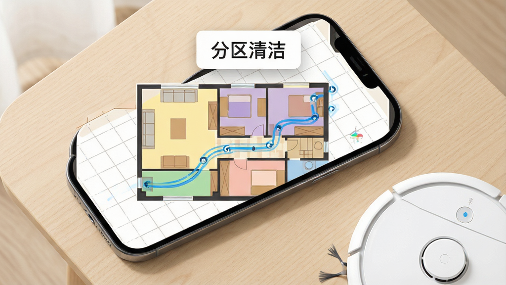 手机屏幕内显示一张俯视视角的房屋平面地图,地图上用不同色块区分客厅、卧室、走廊等区域,几条蓝色路径线表示机器人行进轨迹,地图上方悬浮“分区清洁”字样的标签卡片,手机放置在浅木色桌面上,旁边有一台白色扫地机器人实物,布局为手机占画面主体、机器人位于右下角,风格为简洁明快的产品功能演示风,细节包含地图网格线、区域色块边界与柔和投影,画质高清,画面干净无杂乱元素