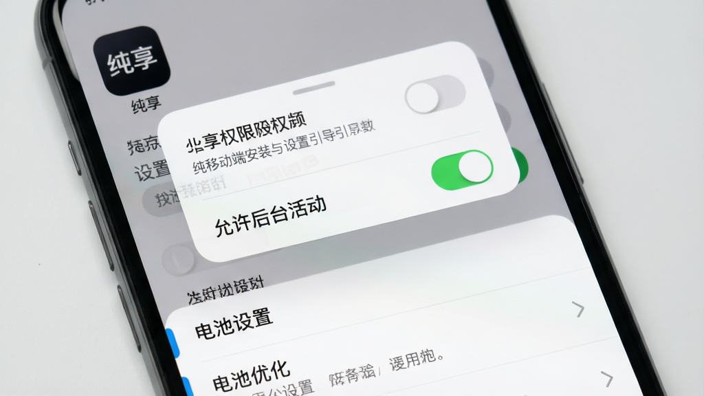 纯享移动端安装与设置引导界面,画面展示手机屏幕上的权限设置页面与电池优化列表,屏幕上标注“纯享”应用图标与“允许后台活动”开关,布局为上下分栏,上方为权限弹窗下方为设置列表,风格直观清晰,细节上体现开关按钮与提示文字,画质高清,背景为浅灰色,画面干净无杂乱