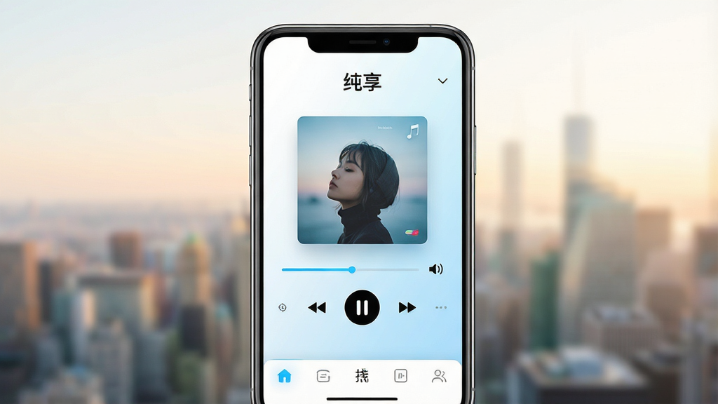 纯享应用主界面展示,画面中央是一部智能手机,屏幕上显示简约风格的音频播放器界面,顶部有“纯享”应用名称标识,中部为专辑封面与播放控制按钮,底部为音频分类导航栏,整体布局干净整洁,采用白色与浅蓝色渐变配色,风格清新现代,细节上体现播放进度条与音量调节图标,画质清晰锐利,背景为柔和虚化的城市晨光,画面干净无多余元素