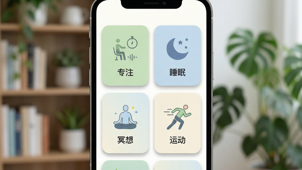 纯享场景化音频分类界面,画面展示手机屏幕上的分类卡片布局,卡片上分别标注“专注”“睡眠”“冥想”“运动”等文字标签,每张卡片配有对应的简约插画图标,整体排版为网格状,风格扁平化设计,色彩柔和以浅绿、淡蓝、米白为主,细节上体现卡片圆角与阴影层次,画质清晰,背景为虚化的书架与绿植,画面干净无杂乱元素