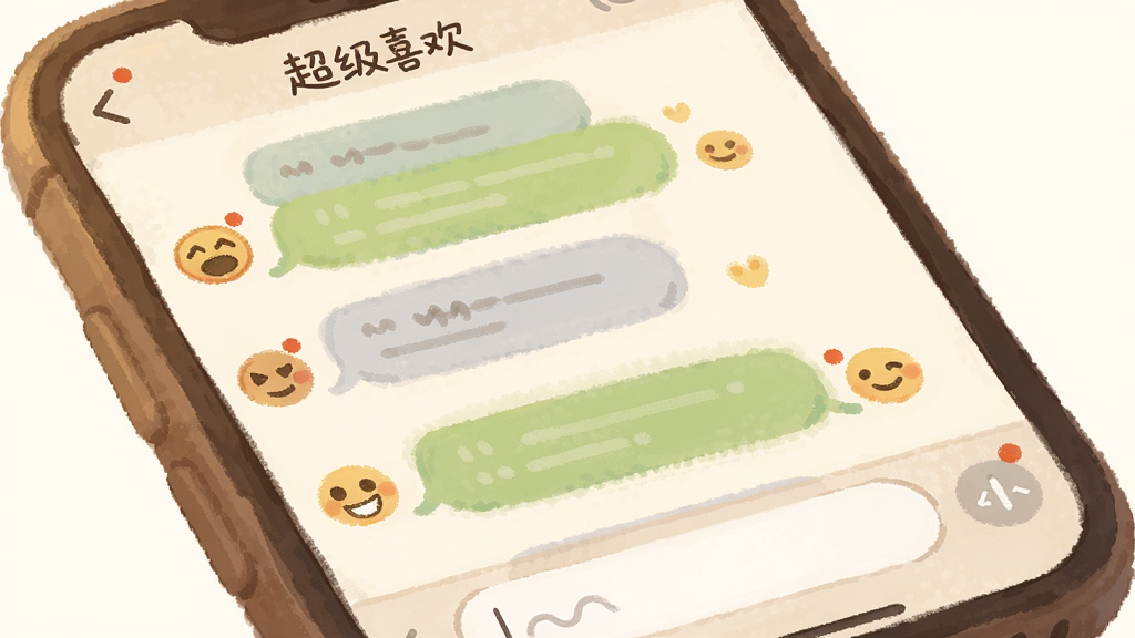 一张AI生成图,画面展示“超级喜欢”应用的消息聊天界面,主体为手机屏幕内排列的对话气泡和表情图标,布局为纵向列表式,风格温暖柔和的手绘感,细节包含清晰的未读红点和圆角输入框,画质干净清晰,无多余元素