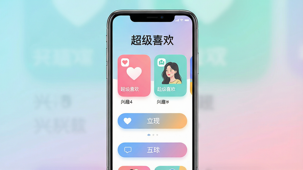 一张手机应用界面展示图,画面中央是“超级喜欢”应用的主页,顶部有醒目的应用名称“超级喜欢”,下方排列着兴趣卡片和互动按钮,整体布局简洁明快,风格清新现代,细节包含圆角图标和柔和渐变背景,画质清晰干净,无多余元素
