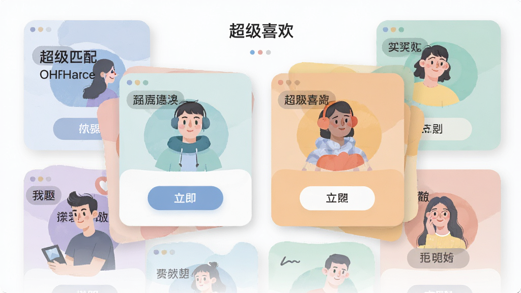 一张AI生成图,画面中展示“超级喜欢”应用的兴趣匹配界面,主体为多张人物兴趣卡片层叠排列,每张卡片上有标签文字和互动按钮,布局居中对称,风格扁平化插画,细节包含柔和的色彩分区和清晰的图标,画质干净清晰,无多余元素