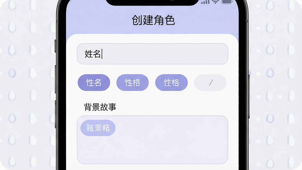 一张RpNow角色创建界面展示图,画面为手机屏幕特写,屏幕上方标题为