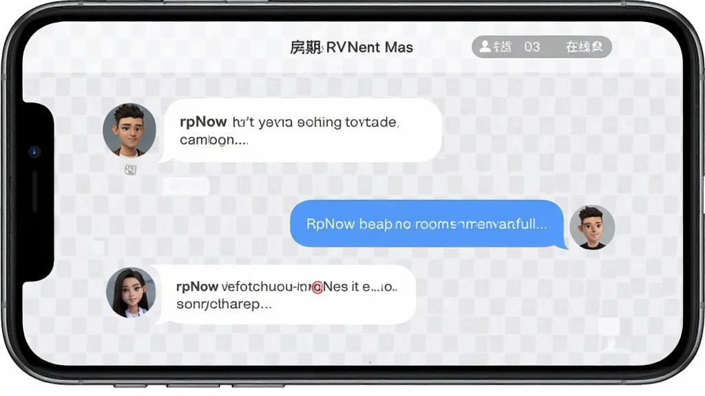 一张RpNow多人剧情房间界面展示图,手机屏幕中显示聊天式对话气泡,左侧为对方角色头像与文字内容,右侧为自己角色的回复气泡,顶部显示房间名称与在线人数,背景为浅灰色聊天底纹,整体风格清爽简约,画面构图居中,画质清晰,无多余装饰