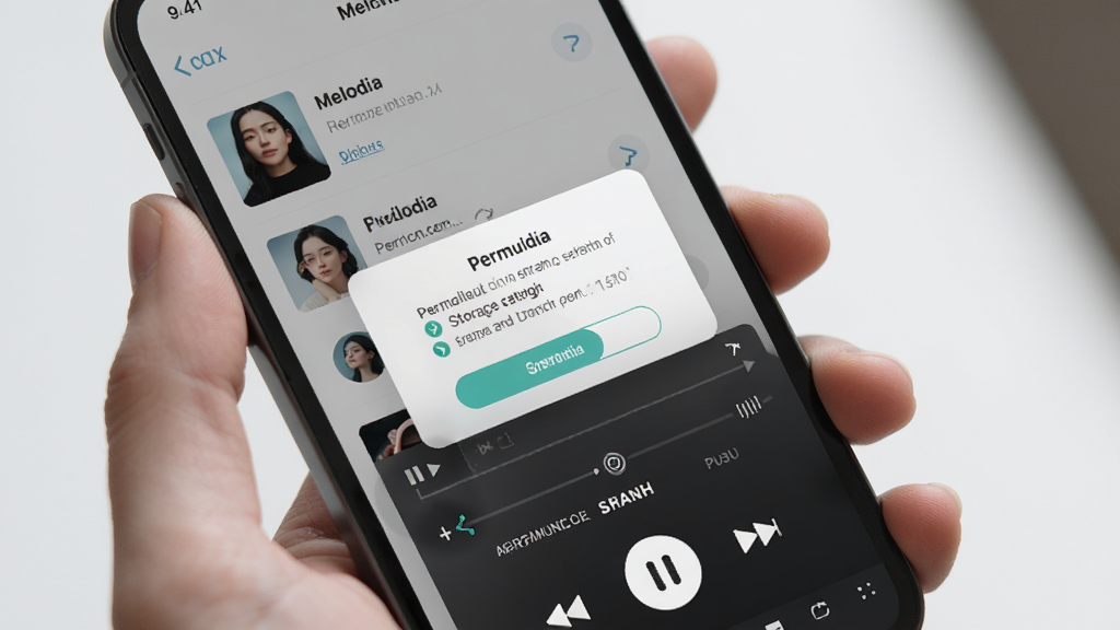 一张表现Melodia移动端使用场景的图片,主体为手持手机查看音乐播放列表,画面中包含权限设置弹窗和播放界面,布局为手机屏幕特写,风格写实清新,细节上体现存储权限授予与音乐扫描过程,画质清晰,画面干净无多余元素