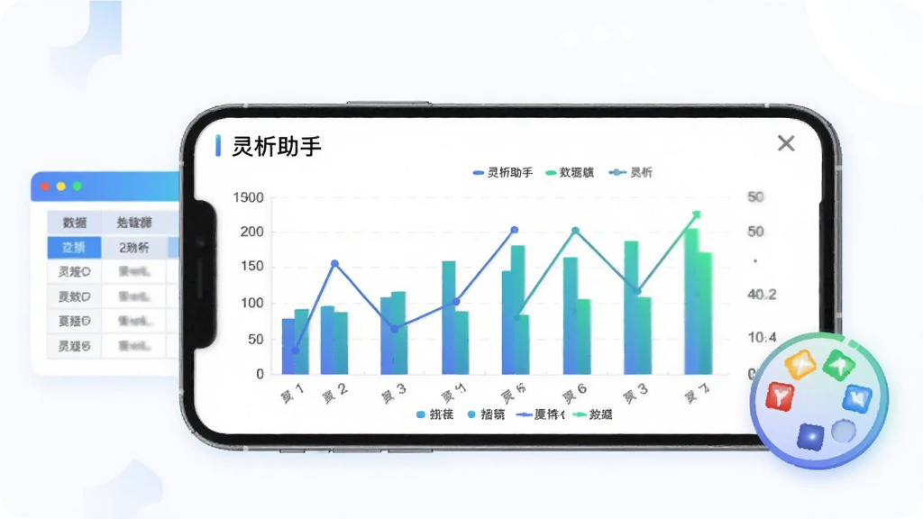 画面展示“灵析助手”图表生成功能,一部手机横屏显示柱状图与折线图组合界面,图表配色为蓝绿渐变,手机旁边放置数据表格与调色盘图标,布局以手机为视觉中心,风格为现代科技扁平插画,细节包含坐标轴与图例标签,画质清晰,背景干净