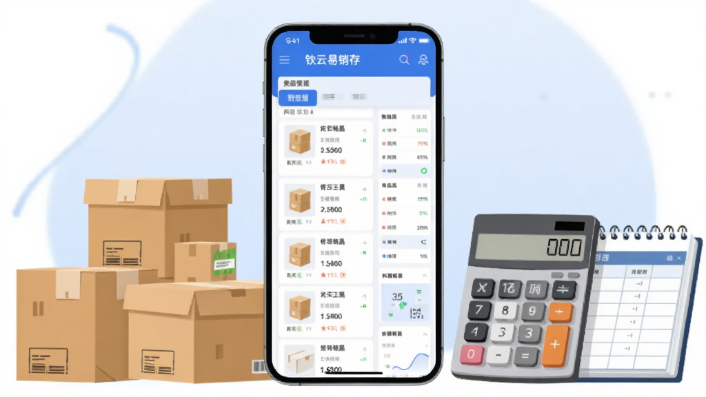 画面中央是一部竖屏智能手机,手机屏幕上显示“铱云易销存”的库存管理界面,包含商品列表与数据看板,手机左侧摆放着几箱包装好的货物,右侧是一台打开的计算器与账本,背景为浅蓝色渐变,整体采用扁平化商务插画风格,细节干净利落,画质清晰,无多余装饰元素