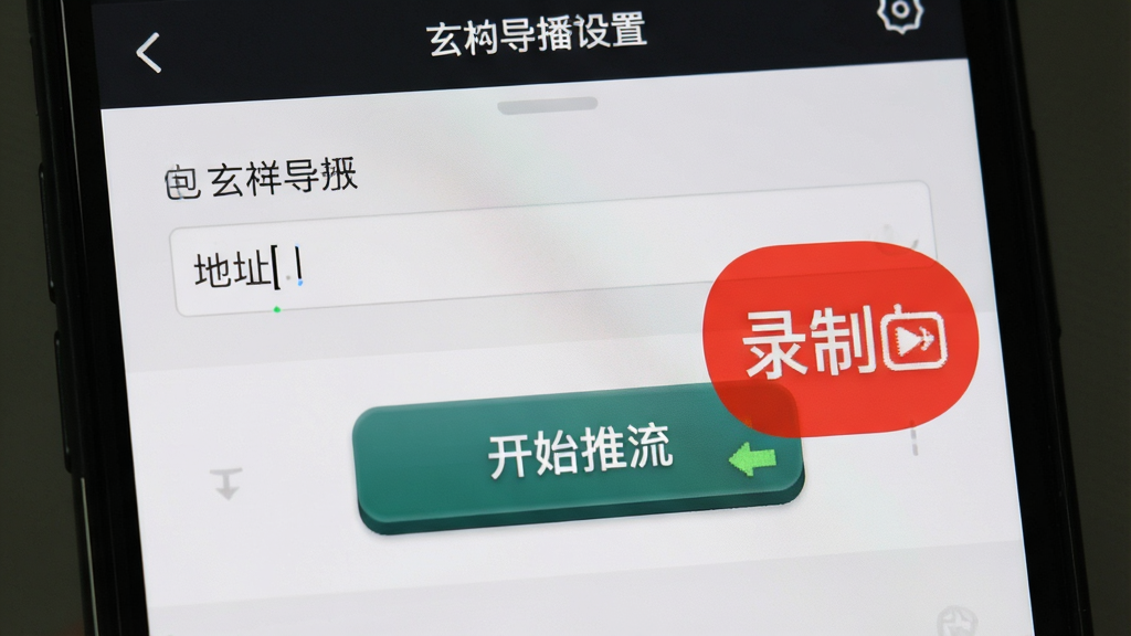 手机屏幕显示玄杓导播的推流设置页面,包含地址输入框与开始推流按钮,旁边叠加录制中的红色指示标识,整体布局为上下分层,风格为简洁工具类界面风,细节强调按钮的立体感与状态提示,画质清晰干净,无多余元素