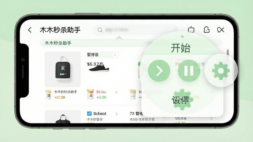 一张展示“木木秒杀助手”悬浮控制面板的示意图,画面为手机横屏浏览商品页面,屏幕边缘有一个半透明圆形悬浮按钮,展开后显示“开始”“暂停”“设置”三个图标,背景是简洁的电商商品列表界面,整体采用清爽的扁平化设计风格,配色以白色和浅绿色为主,布局突出悬浮元素,细节干净,画质清晰,无多余装饰