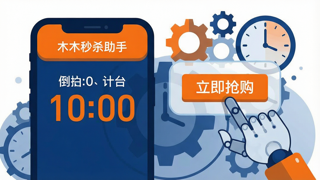 一张表现“木木秒杀助手”自动化点击功能的概念图,画面左侧是一部手机屏幕显示倒计时数字,右侧是一只机械手图标正点击屏幕上的“立即抢购”按钮,背景中有齿轮和时钟元素象征精准计时,整体为科技感扁平插画风格,配色以深蓝和亮橙对比为主,构图左右平衡,细节简洁,画质清晰,背景干净无杂乱元素