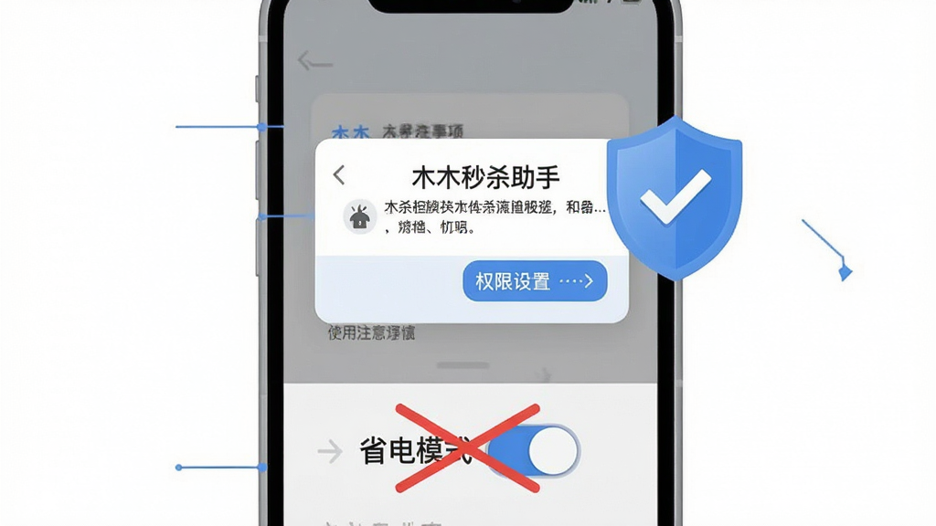 一张表现“木木秒杀助手”使用注意事项的插画,画面中央是一部手机,屏幕上方弹出权限设置对话框,旁边有盾牌图标和勾选标记,手机下方有“省电模式”开关被划掉的标识,整体为简洁的信息图风格,配色以浅灰和蓝色为主,布局清晰分层,细节干净,画质清晰,背景纯白无杂乱元素