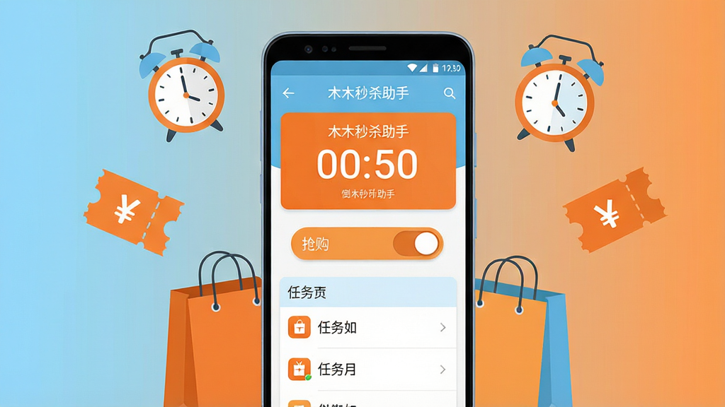 一张展示安卓手机界面的产品主图,画面中央是一部竖屏手机,屏幕上显示“木木秒杀助手”的应用主界面,界面包含倒计时卡片、抢购开关按钮和任务列表,手机周围散落着购物袋、时钟和优惠券图标,整体采用扁平化插画风格,配色以橙色和浅蓝为主,布局居中对称,细节干净利落,画质清晰,背景为纯色渐变,无多余装饰元素